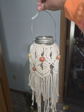 Handmade Macramé Mason Jar Lantern in Cream with Wooden Beads
